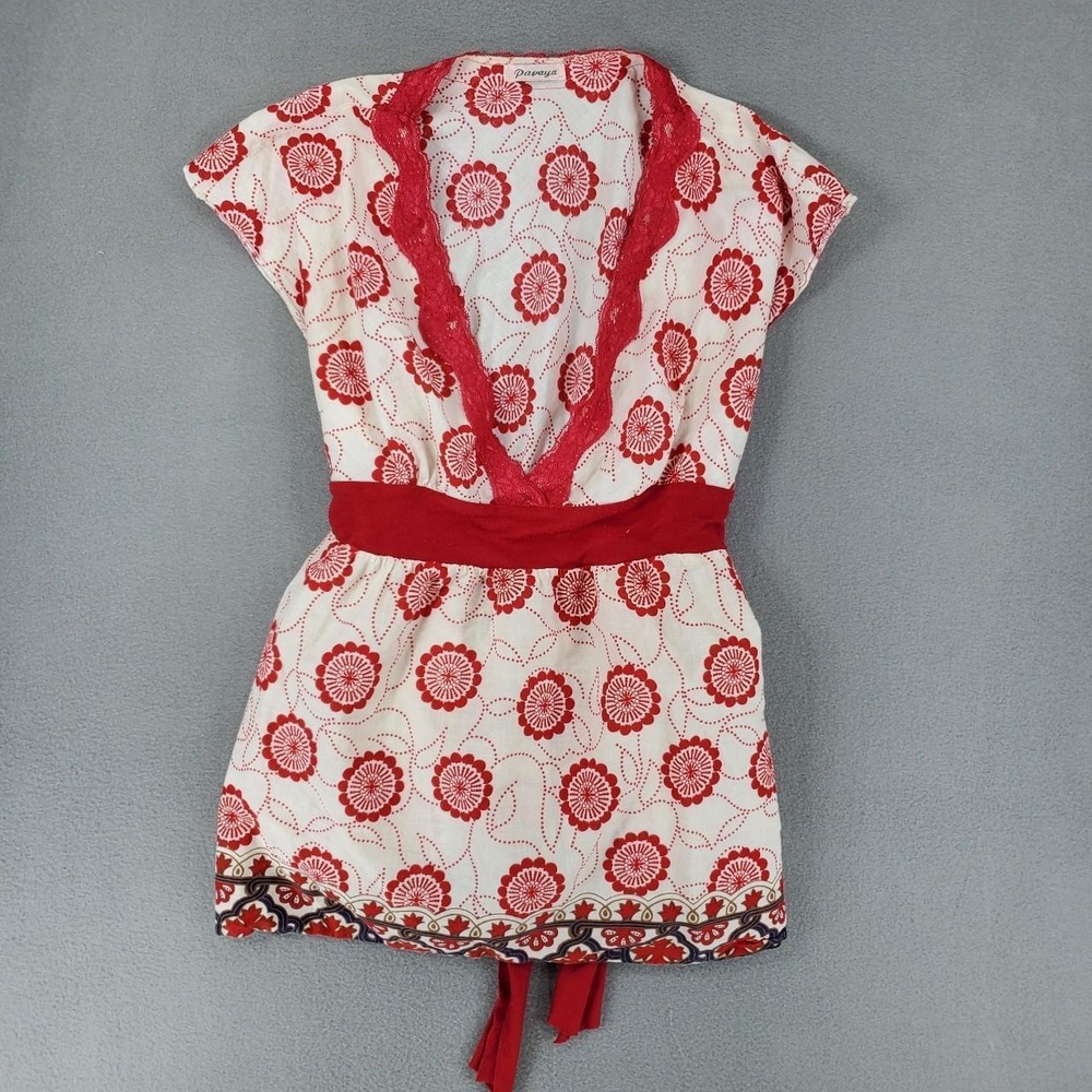 Papaya Tunic Top Womens M White Red Floral Lace Trim Boho Cap Sleeve Babydoll